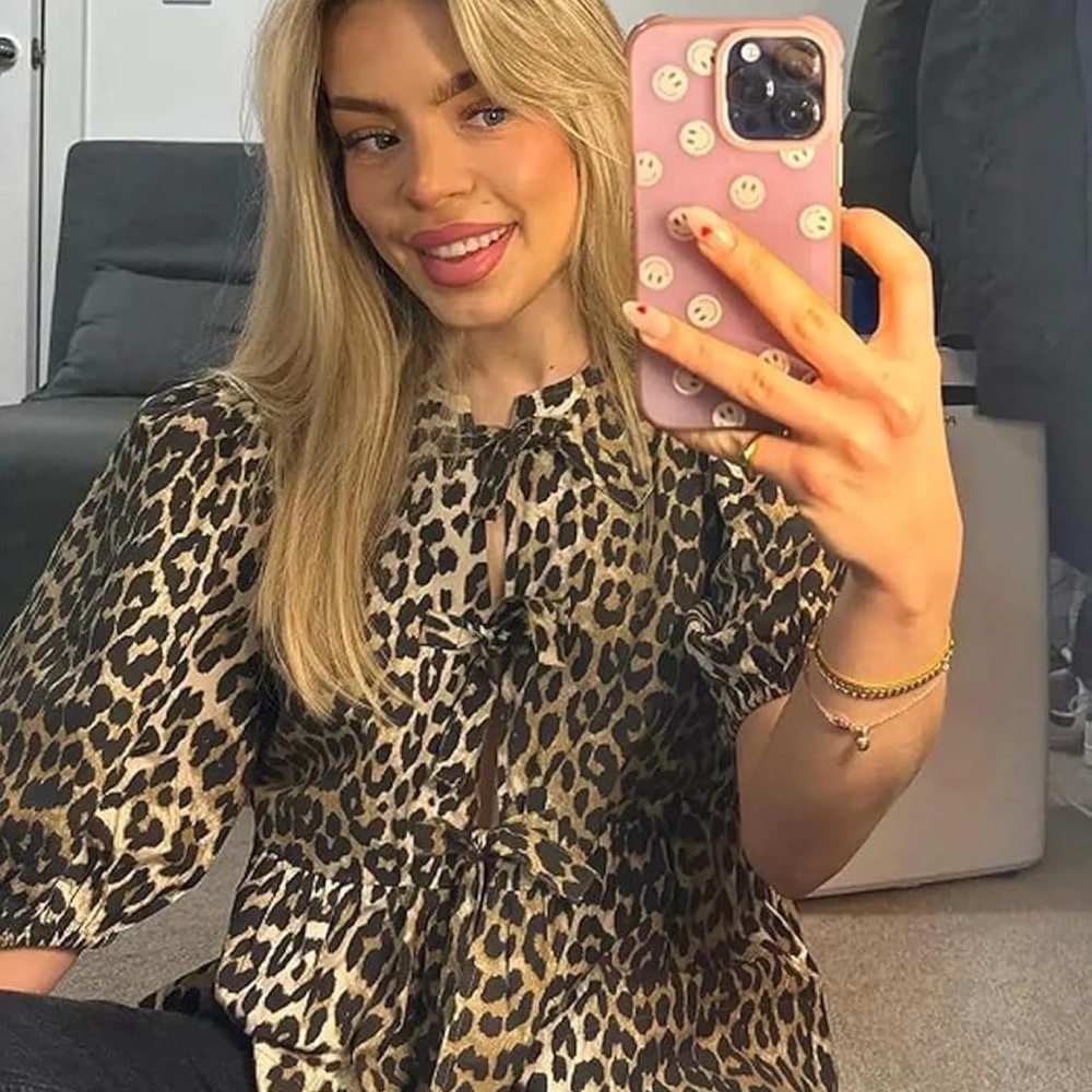 Leopard Print Puff Sleeve Tie Front Babydoll Peplum Top